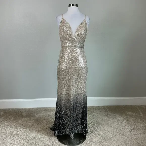 Mac Duggal Ombre Sequined Long Column Evening Gown Black and Gold Size 6 Dress - Picture 2 of 13